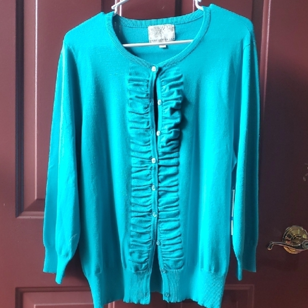 Debbie Morgan Teal Blue Ruffle Cardigan Sweater NWT XL